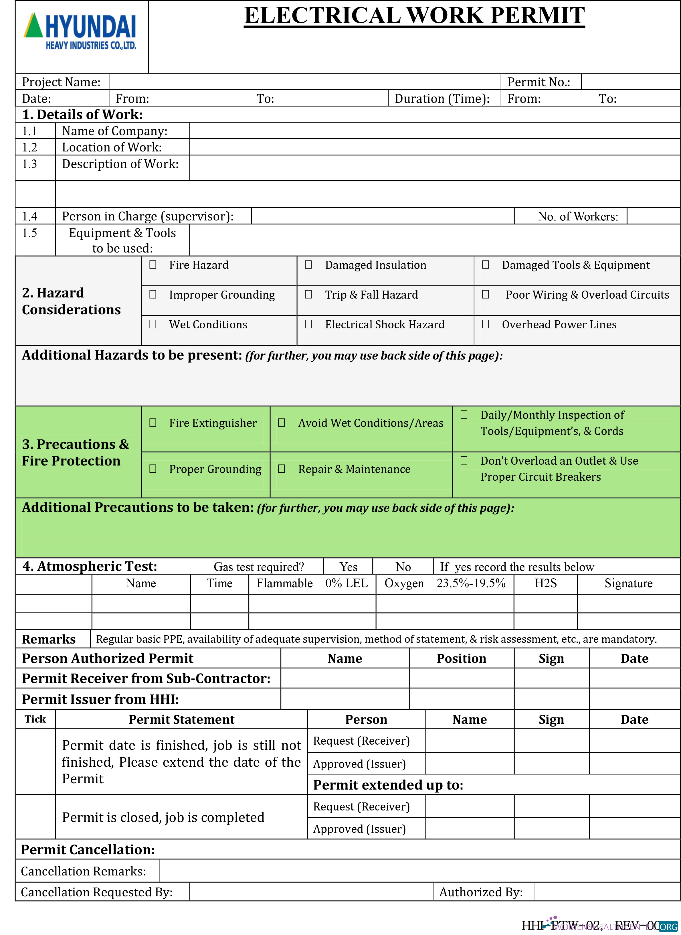 Download Hyundai heavy industries electrical work permit Photoshop template